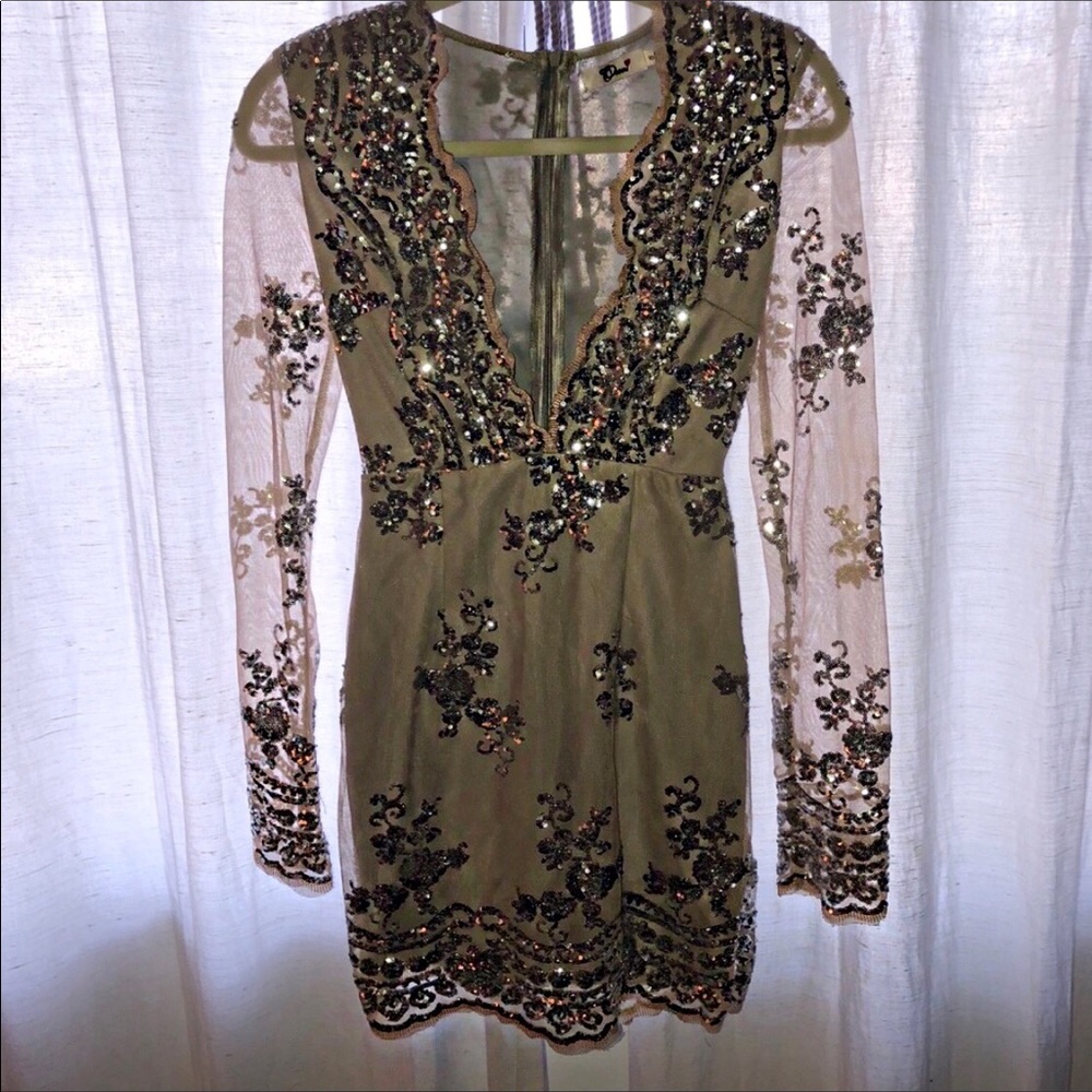 Mini long sleeve sequence sheer low cut dress